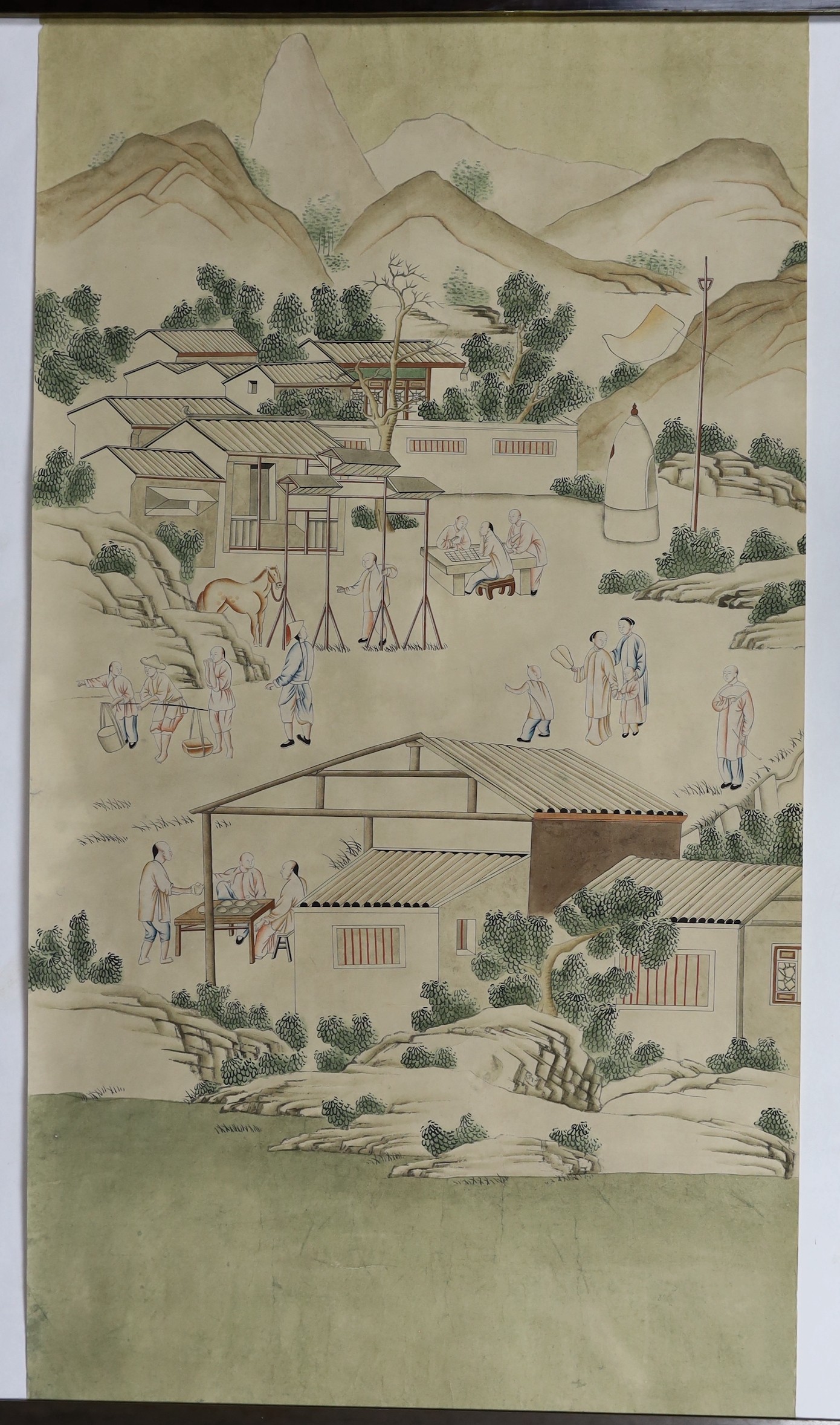 A Chinese painted wallpaper panel, c.1800, 148cm x 78cm